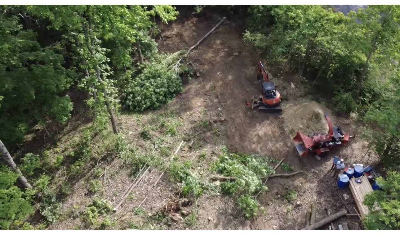 Drone view of the clearing on our land with the excavator and chipper